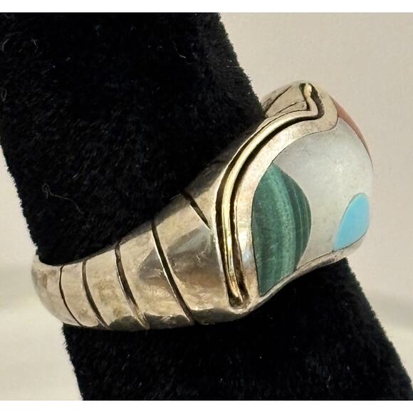 Asch Grossbardt 925/18K MOP/Turquoise/Malachite/Coral Inlay Ring Sz 6 - Picture 5 of 7